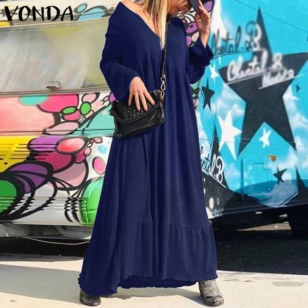 

dresses summer women long maxi dress 2021 vonda beach sundress v neck bohemain party vestidos femme robe plus size, Black;gray