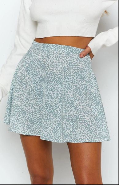

flared mini blue floral women skirts summer high waist falda jupe, Black