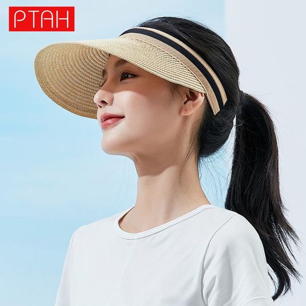 

wide brim hats [ptah] fashion sun women's straw caps lightweight foldable breathable beach protection easy to carry, Blue;gray