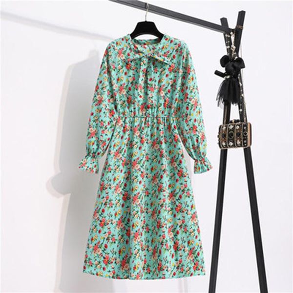

casual dresses floral printed dress autumn women simple slim korean bow tie collar elastic waist mid-calf vintage clothing, Black;gray
