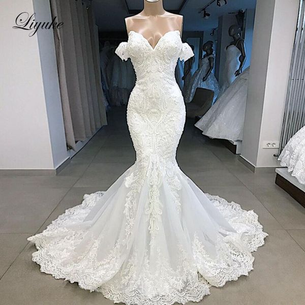 

other wedding dresses liyuke 2021 mermaid dress luxury plears off the shoulder with bling plearls sleeveless bridal, White
