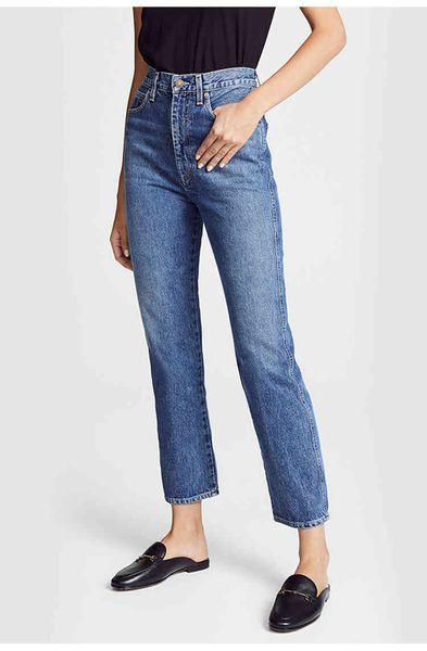 

jeans asual wild ankle-long high waist straight women's brim pants thin boyfriend style c, Blue