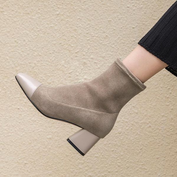 

boots women woman genuine leather cow +elastic suede short fashion handmade classic pointed toe elastic casual wil, Black
