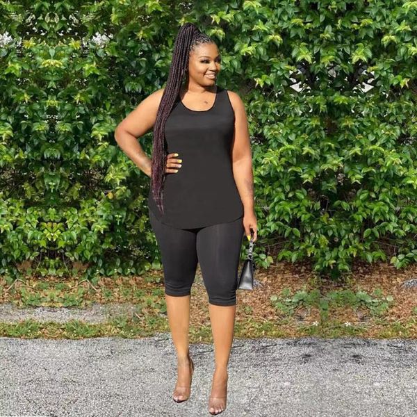 

women's tracksuits xl-5xl large size oversize two piece pant suit women set sleeveless o-neck tank and knee length office lady outfits, Gray