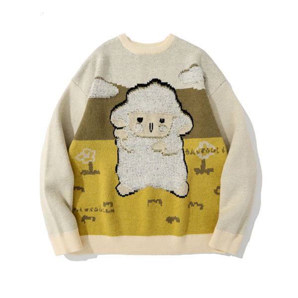 

men's sweaters cartoon sheep jacquard cute sweater men street fashion brand loose long sleeve mens trendy round neck pullover qpax, White;black