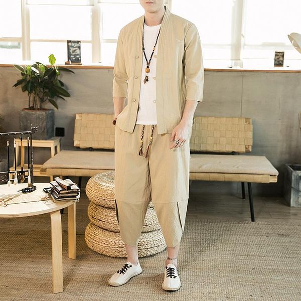 

men's tracksuits summer style chinese-style short sleeve flax set casual cardigan cotton linen capri shorts two-piece fashion, Gray