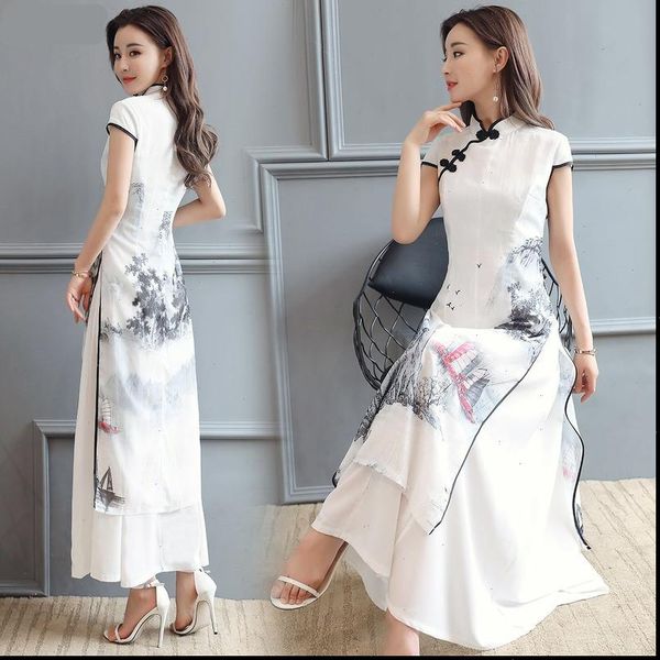 

women dress summer chiffon robe vintage chinese style dresses elegant slim womens clothing landscape painting cheongsam qipao, Black;gray