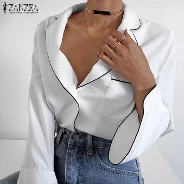 

women's blouses & shirts zanzea 2021 fashion women and office lady work chic long flare sleeve turn down collar button blusas chemise, White