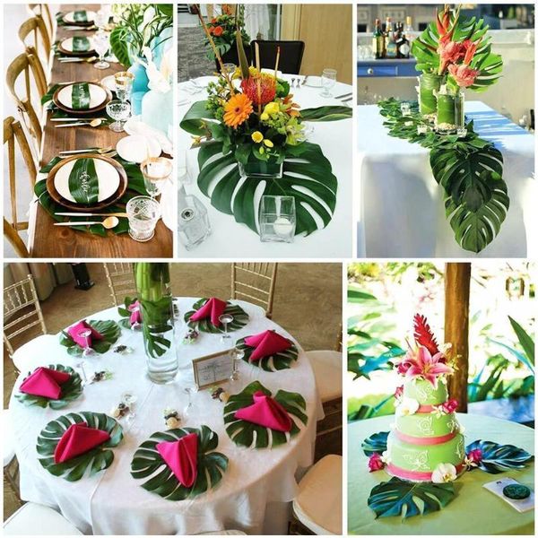 

12pcs/lot green artificial monstera palm leaves wedding birthday for tropical party hawaiian festival theme decoration supp n5b9 decorative