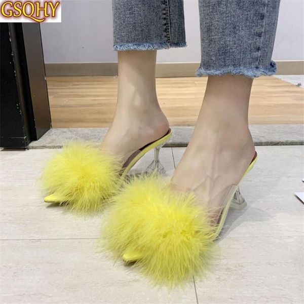 Gelb Sexy Spitz Transparente High Heels Flauschige Hausschuhe Frauen Sommer Mode Tasse Ferse Rutschen Maultiere Schuhe