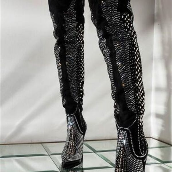 

boots fashion woman rivets strass on her knee boots pointed toe 120 mm stiletto heels night club shoes long dance 52g8, Black
