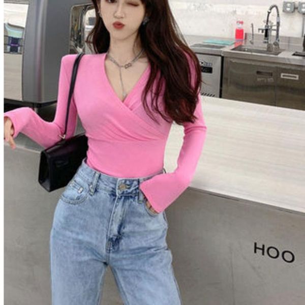 

women's t-shirt autumn slim slimming v-neck bottoming shirt for women with western style all-match long-sleeved tide 8179, White
