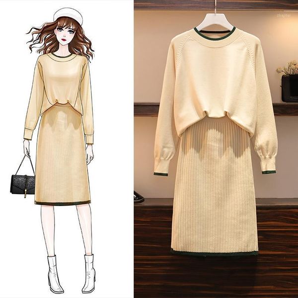 

two piece dress women sets knitting two-piece lady sweater suits autumn winter long sleeved elastic waist knit skirt plus size fashion, White
