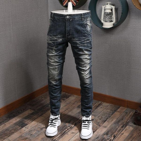 

men's jeans italian style fashion men elastic cotton slim fit ripped vintage designer retro casual denim pants, Blue