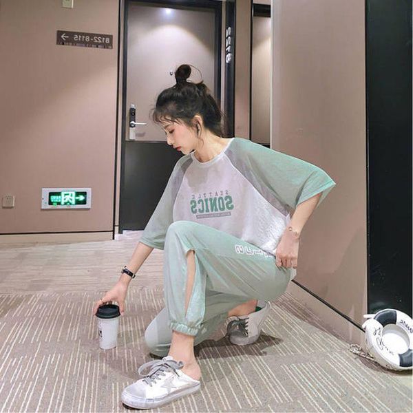 

running sets 2021 summer women's tracksuit casual sportswear middle sleeve student korean fashion stitching printing 2 pieces, Black;blue