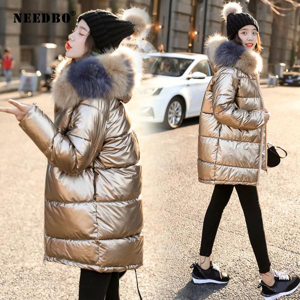 

winter jacket women fur hooded parka glossy coat oversized puffer casaco cotton padded warm womens women's down & parkas, Black