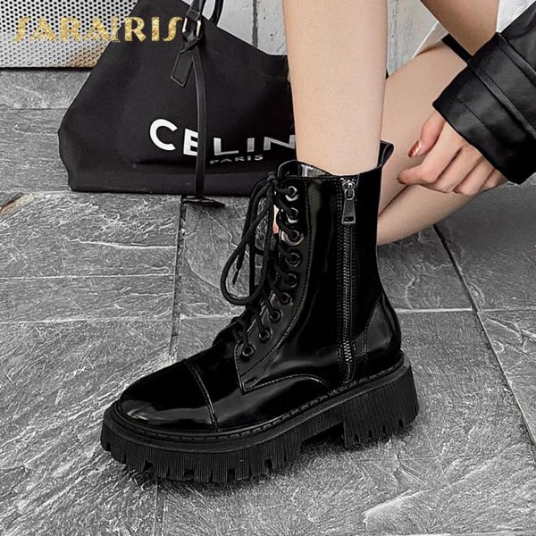 

boots sarairis 2021 arrivals zipper ankle woman shoes platform comfortable thick heels cross-tied motorcycle booties female, Black