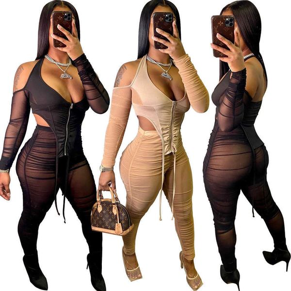 Echoine Women Sheer Mesh See Through Two Piece set Off Shoulder Backless Crop Top Increspato Stacked Legging Tuta Abiti Y0625