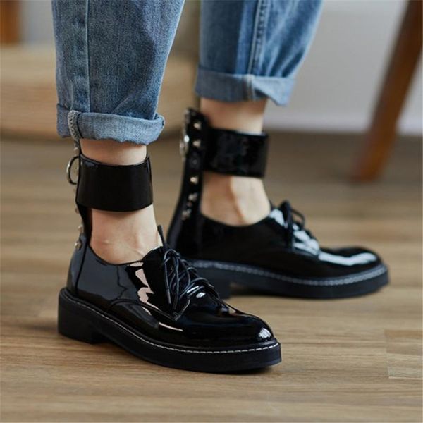 

dress shoes pxelena vintage rivet zip punk gothic gladiator women genuine patent leather chunky med heel rome pumps 2021 autumn spring, Black