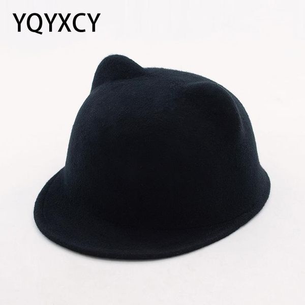 

wool fedora hat children autumn winter cute bear ear woolen felt hats for girls boys cap korean black red gorro caps &, Yellow