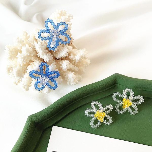 

crystal flower earrings female handmade acrylic beaded ear studs blue white small fresh voven petal earring jewelry stud, Golden;silver