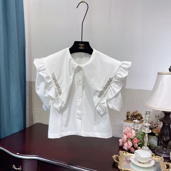 

rhinestone stitching wooden ear blouse sweet doll collar shirt womens ruffled slim fit all-match solid colour elegant top, White