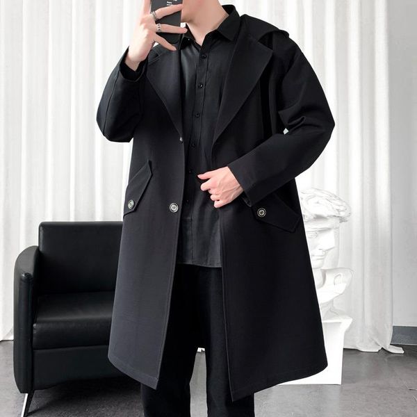 

men's trench coats autumn and winter hooded medium long windbreaker business leisure youth large coat cloak, Tan;black