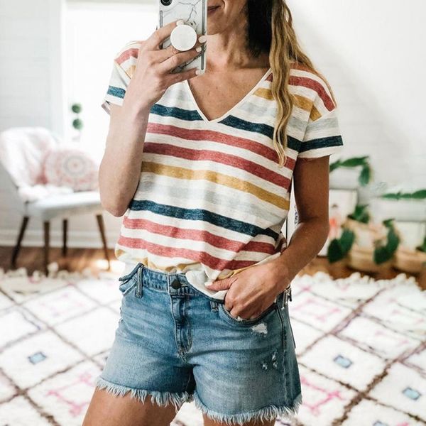 

women's t-shirt ladies short sleeve v-neck summer stripe contrast fashion slim female women clothing h1, White