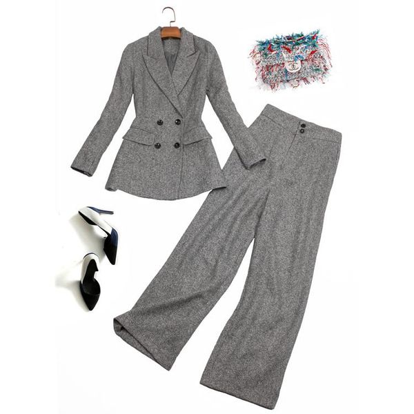 

grey pants for women autumn winter wool formal business suits ladies clothes jackets & coats long trousers two piece set women's, White