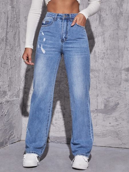 

high waist ripped straight leg jeans x9bu#, Blue
