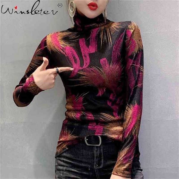 

fall winter korean clothes t-shirt fashion shiny bright gold turtleneck print cotton women ropa mujer tees new t08627l 210324, White