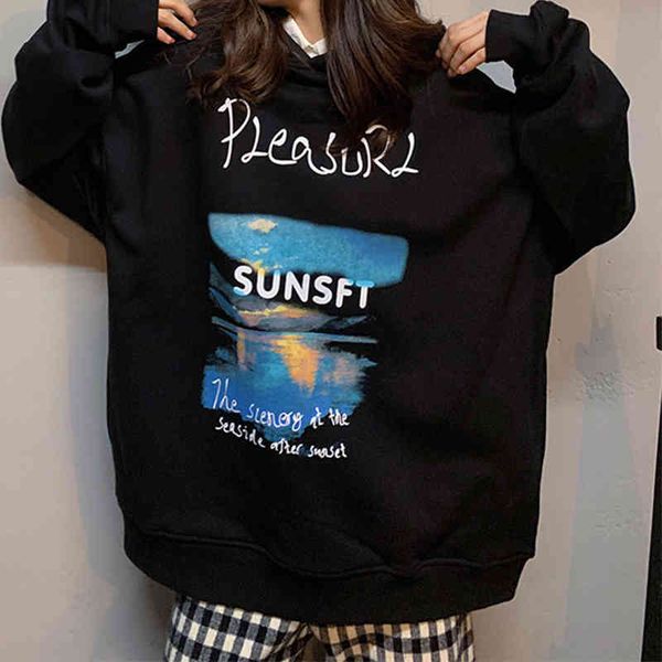 

women's hoodies & sweatshirts vintage cotton painting letter print female oversized casual bf girls pullovers fall teen fashion yrmn, Black