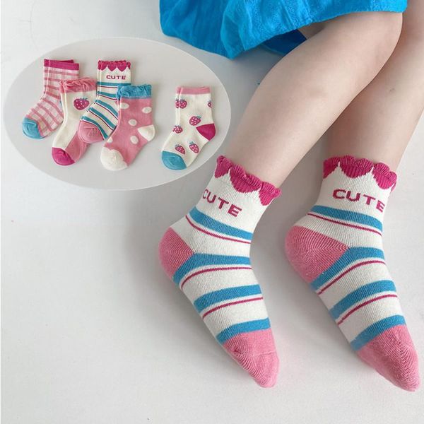

socks 5pairs children cartoon plaid strawberry cute patern sock baby girls kids clothes accessories 2021 arrival, Pink;yellow