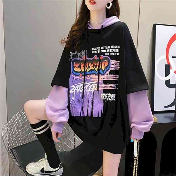 

korean version of loose fake two-piece sweatshirt women hooded autumn mid-length student all-match jacket trend 210817, Black