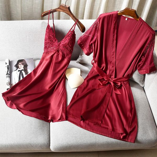 

women's sleepwear 2pcs perspective lace women robe set short sleeve bathrobe v-neck sling nightgown bride dressing gown summer suit, Black;red