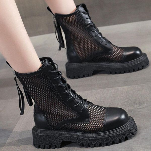 

boots mesh middle women leather summer fashion thick-soled british style thin short wild hollowed out breathable sandals, Black