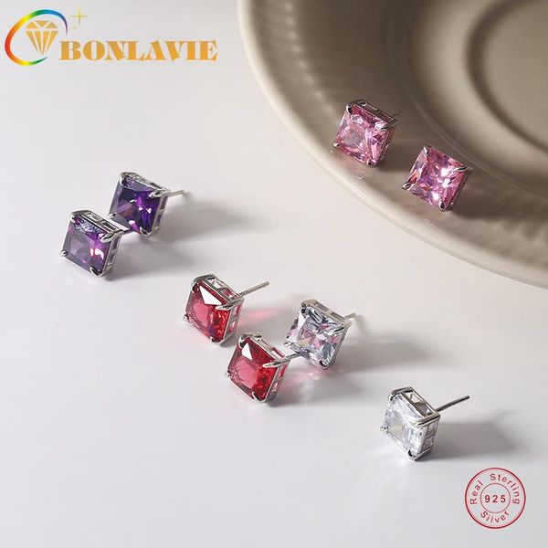 

stud bonlavie s925 silver four claw red purple white pink zircon earrings with square, Golden;silver