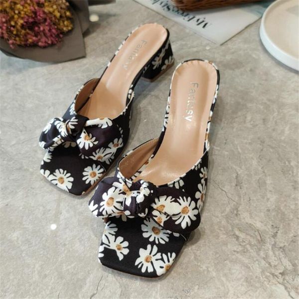 

slippers bayuxshuo women summer printed chunky heel square head butterfly knot with sandals, Black