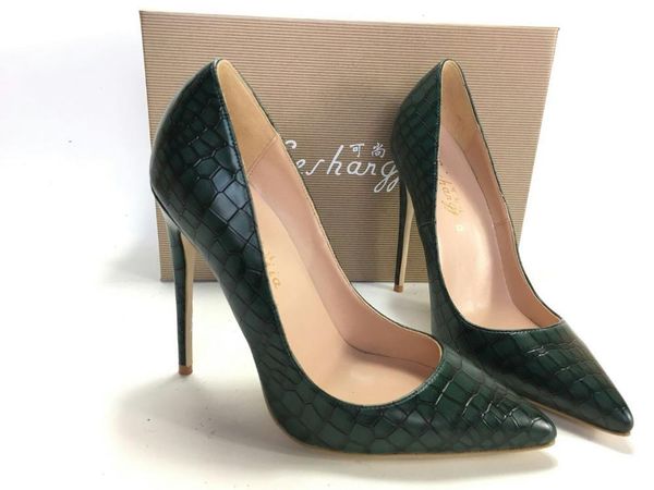 

keshangjia dark green lady thin heel pumps shoes high heeled single woman shallow mouth pointed toe snake pattern shoe dress, Black