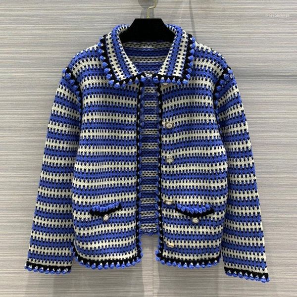 

women's knits & tees designer sweater for women 100% cotton turn-down collar long sleeve single breasted striped sweaters lady, White