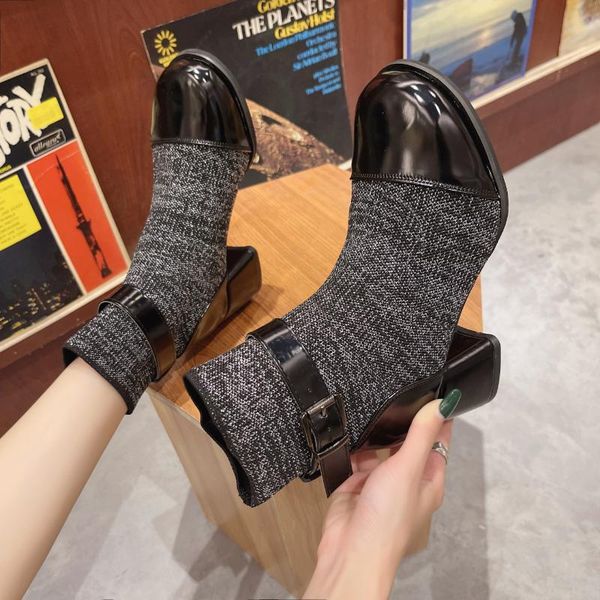 

boots autumn winter women's round head thick heel black fashion casual ankle 2021 non-slip elastic outdoor sock