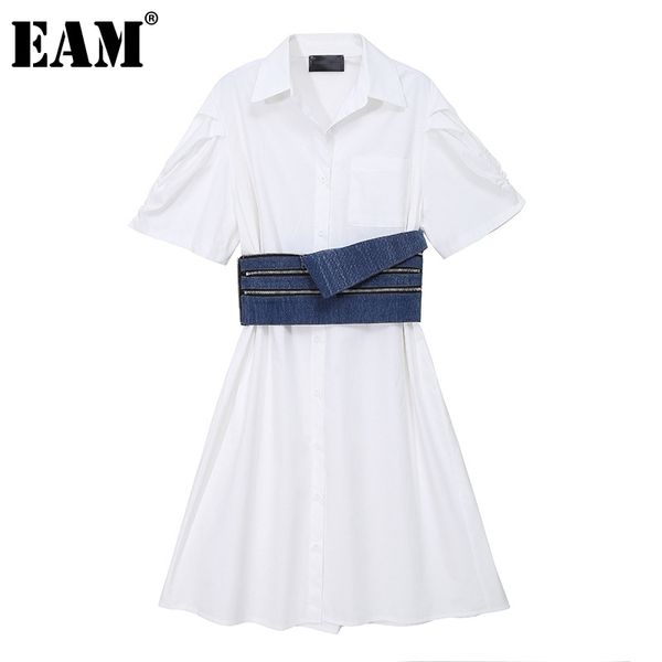 

[eam] women white ruffle big size sashes long shirt dress lapel short sleeve loose fit fashion spring summer 1dd7527 21512, Black;gray