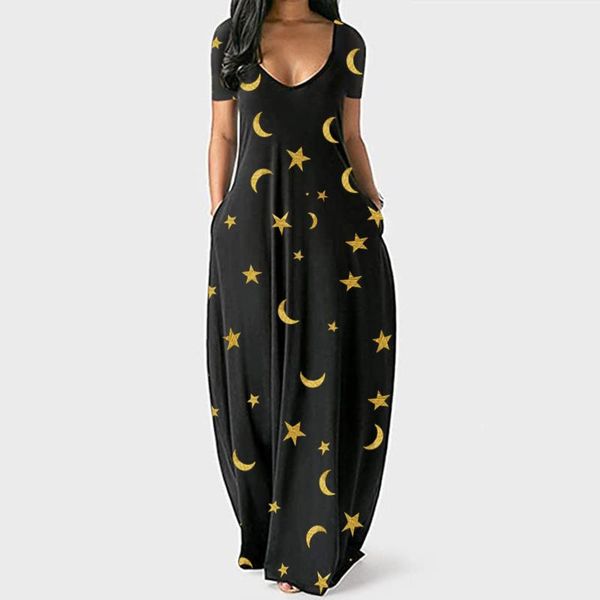 

casual dresses star moon print summer dress for women pocket short sleeve long maxi beach ankle length sundress robe femme, Black;gray