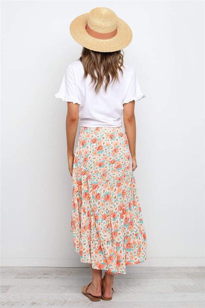 

women floral print skirt, adults casual style long irregular skirt (green black, blue apricot) skirts
