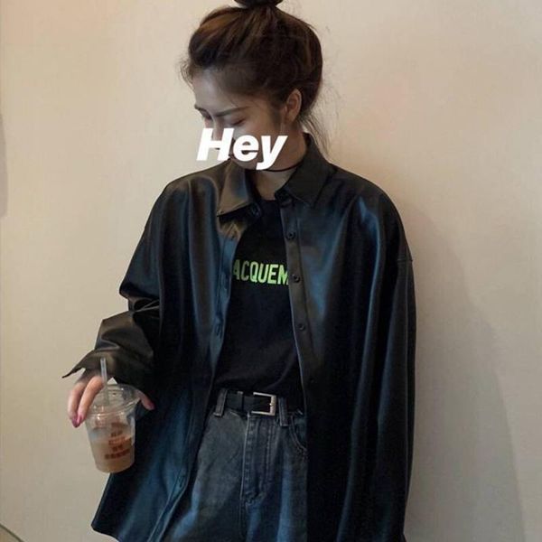 

couple oversized pu leather blouses 2021 autumn winter black coat for women turn-down collar motor biker jacket women's jackets, Black;brown