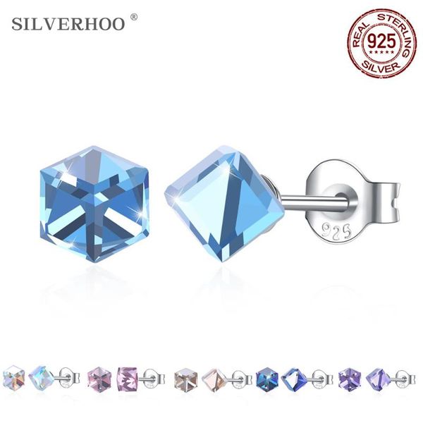 

stud earrings for women crystal from austria 925 sterling silver square colors fine jewelry birthday gift, Golden;silver