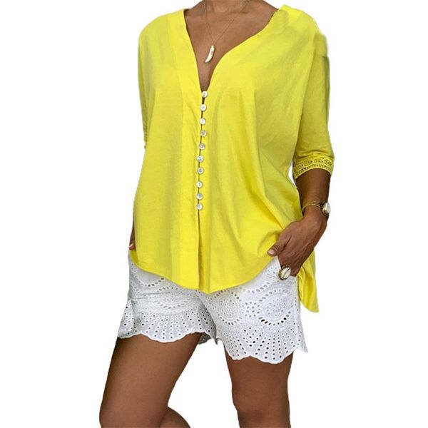 

women summer solid v neck lace single breasted buttons blouse ladies plus size s-5xl casual loose fashion shirt sj3038m women's blouses, White