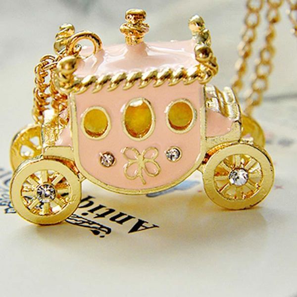 

women enamel princess carriage pendant necklace fairy tale magic pumpkin cart sweater neckalces jewelry swd889, Silver