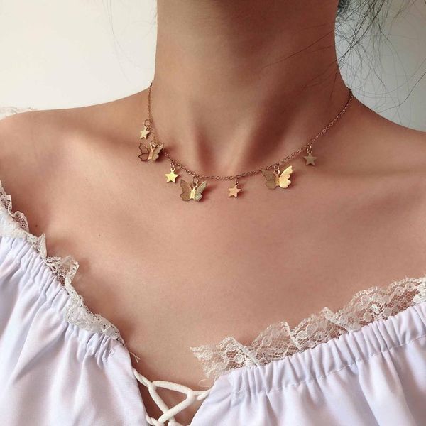 

vintage butterfly metallic geometric golden large metal chain necklace fashion women's jewelry gift womens chains, Silver