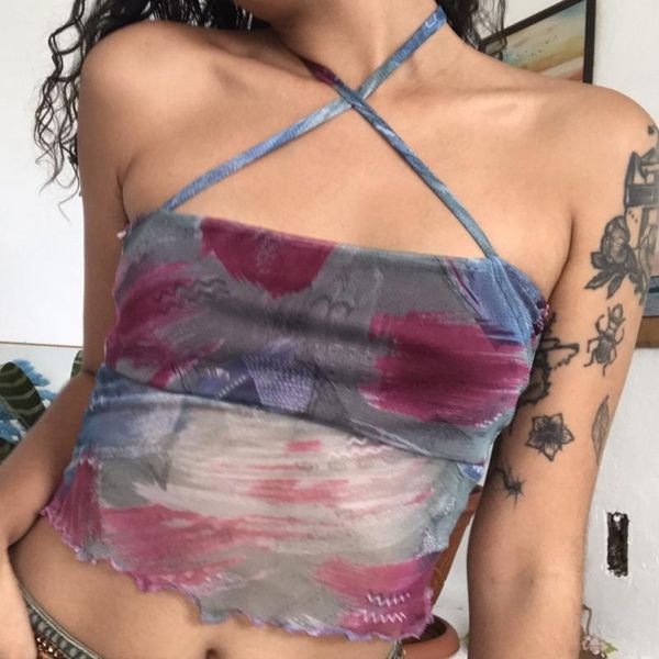 

women's tanks & camis summer see through mesh crop y2k women vintage printed corset backless cross frill female clubwear party clot, White